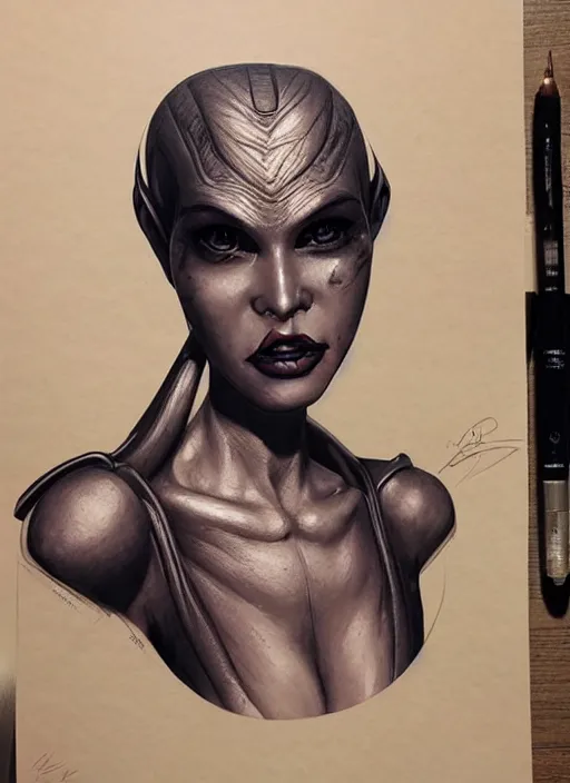 Prompt: A female Twi'lek, by artgerm, beautiful, mixed media on toned paper, 2021, very detailed, coffee art