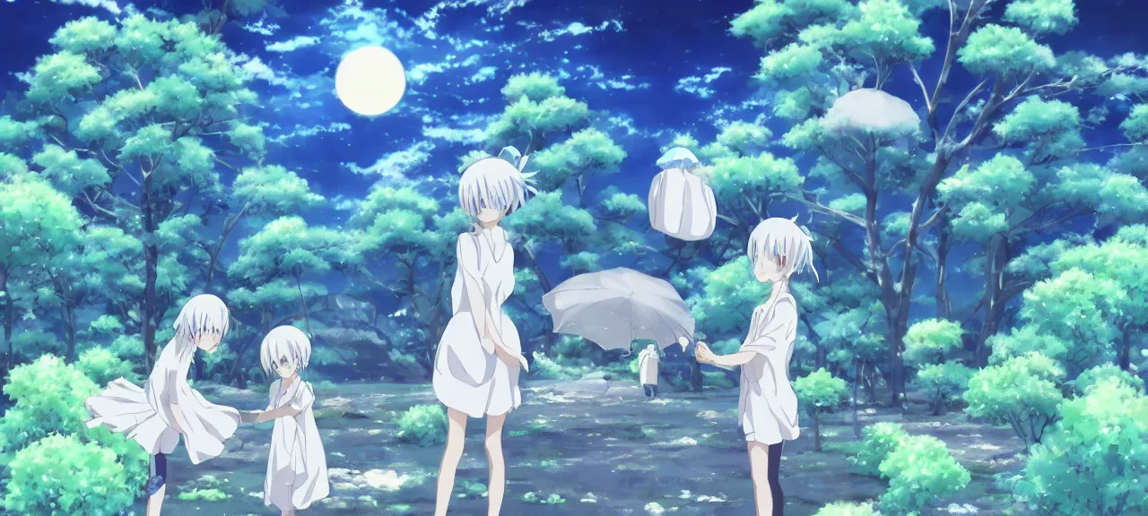 Prompt: Konpaku petting aqua ghost | ghibli clover | Big Moon at Blue Night | Trees with white flowers | bioluminescent blue FLOWERS | strong blue rimlit | visual-key | anime illustration | highly detailed High resolution | Light Novel | Visual Novel | In the style of Miyama-Zero, Yuuki Hagure