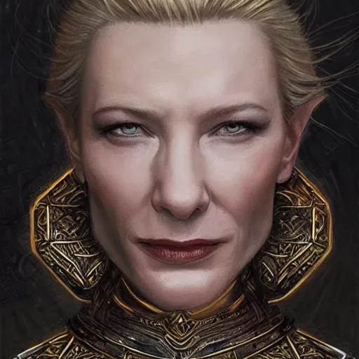 Prompt: portrait of cate blanchett as a warrior woman, looking at camera, d & d, choker on neck, stylish armor, intricate, elegant, stylish, fierce look, fantasy, extremely detailed, digital painting, artstation, concept art, smooth, sharp focus, illustration, stunning lighting, art by artgerm and simon stalenhag