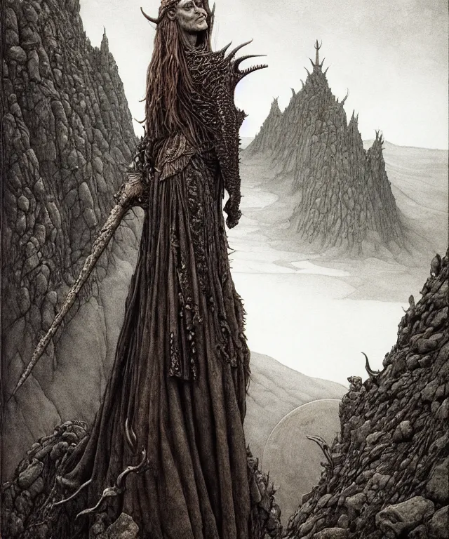 Prompt: a detailed horned crocodilewoman stands among the hills. wearing a ripped mantle, robe. extremely high details, realistic, fantasy art, solo, masterpiece, artstation contest winner, art by zdzisław beksinski, arthur rackham, dariusz zawadzki