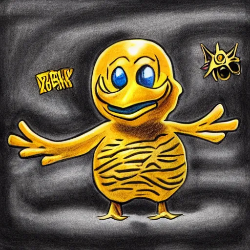 Image similar to rubber duck horror, rubber duck mutant, rubber duck zombie horror, drawing