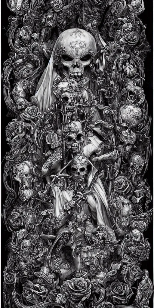 Prompt: ”hooded grim reaper sitting on a throne of skulls, roses and hourglasses, [ultra detailed ink, surreal, intricate and ornate, joe fenton]”