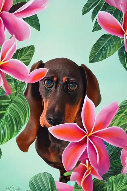 Image similar to ultra realistic illustration, portrait of a dachshund plumeria tropical bouquet background, close up shot, fantasy, intricate, elegant, highly detailed, digital painting, artstation, concept art, smooth, sharp focus, illustration, surrealism