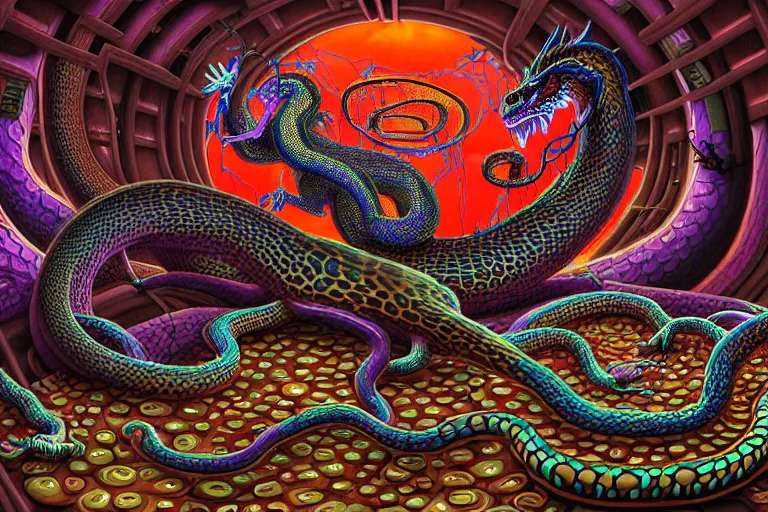 Image similar to a detailed digital art painting of a cyberpunk magick oni dragon with occult futuristic effigy of a beautiful field of mushrooms that is a adorable leopard atomic latent snakes in between ferret biomorphic molecular hallucinations in the style of escher, alex grey, stephen gammell inspired by realism, symbolism, magical realism and dark fantasy, crisp,