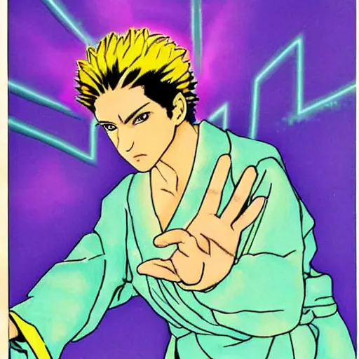 Image similar to a powerful psychic man emitting psychic powers, by hirohiko araki,