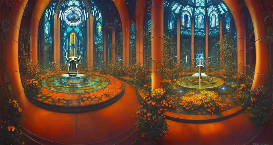 Prompt: fish eye lens, twirl minimalist oil painting by donato giancola, warm coloured, scifi bioluminescent luxurious futuristic smokey victorian garden circular cathedral interior with microscopy minimalist stained glass flowers growing out of pretty bulbous ceramic fountains, gigantic pillars and flowers, maschinen krieger, beeple, star trek, star wars