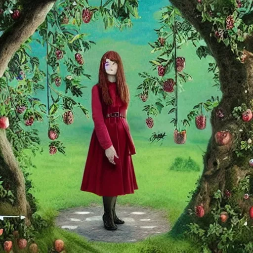 Prompt: a man has become an apple tree in a secret garden. a girl holds a key. folk horror. fine detail