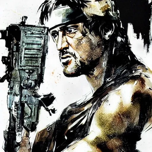 Image similar to an illustration of Stallone as Rambo by Yoji Shinkawa and Ashley Wood