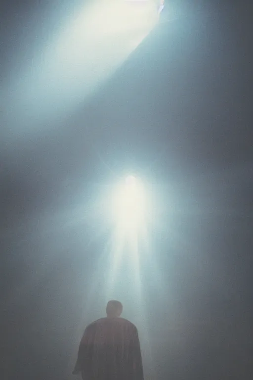 Prompt: agfa vista 4 0 0 photograph of a alien spaceship abducting a person, lens flare, back view, moody lighting, moody vibe, telephoto, 9 0 s vibe, grain, vintage, tranquil, calm, faded