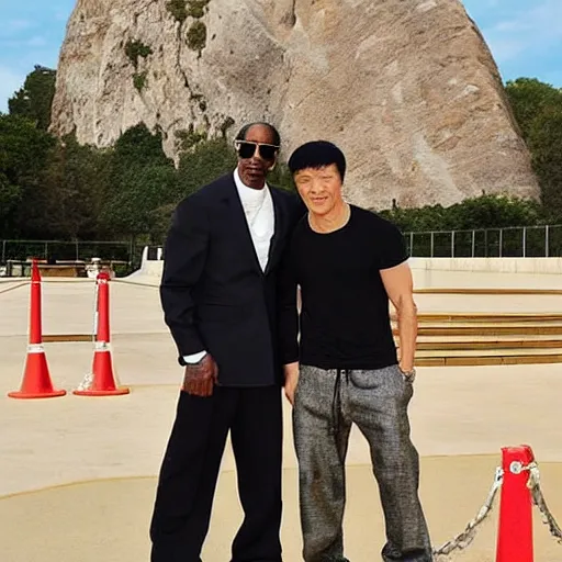 Prompt: a picture of the rock, snoop Dogg and Jackie Chan posing together for the camera