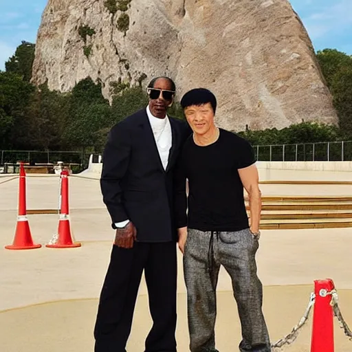 Image similar to a picture of the rock, snoop Dogg and Jackie Chan posing together for the camera