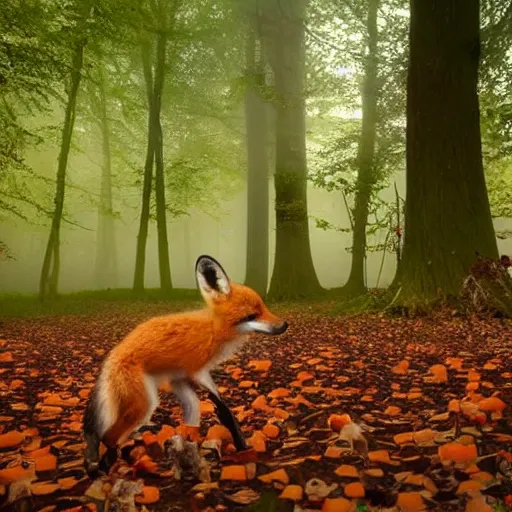 Image similar to magical forest covered with fly agaric, there is a fox with two cubs, light magical fog