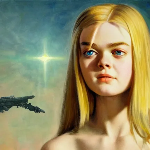 Image similar to ultra realistic portrait painting of elle fanning in halo 2, art by frank frazetta, 4 k, ultra realistic, highly detailed, epic lighting