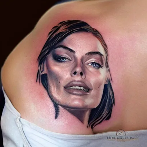 Prompt: realism tattoo design of margot robbie and beautiful mountains mash up, in the style of arlo dicristina, amazing detail, face morph