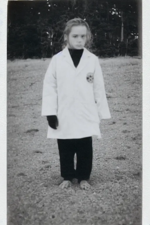 Image similar to photo polaroid of a sad and lonely child in a white coat and barefoot stands in the middle many big tents of field hospitals, pandemic, covid, loneliness, black and white ,photorealistic, 35mm film,