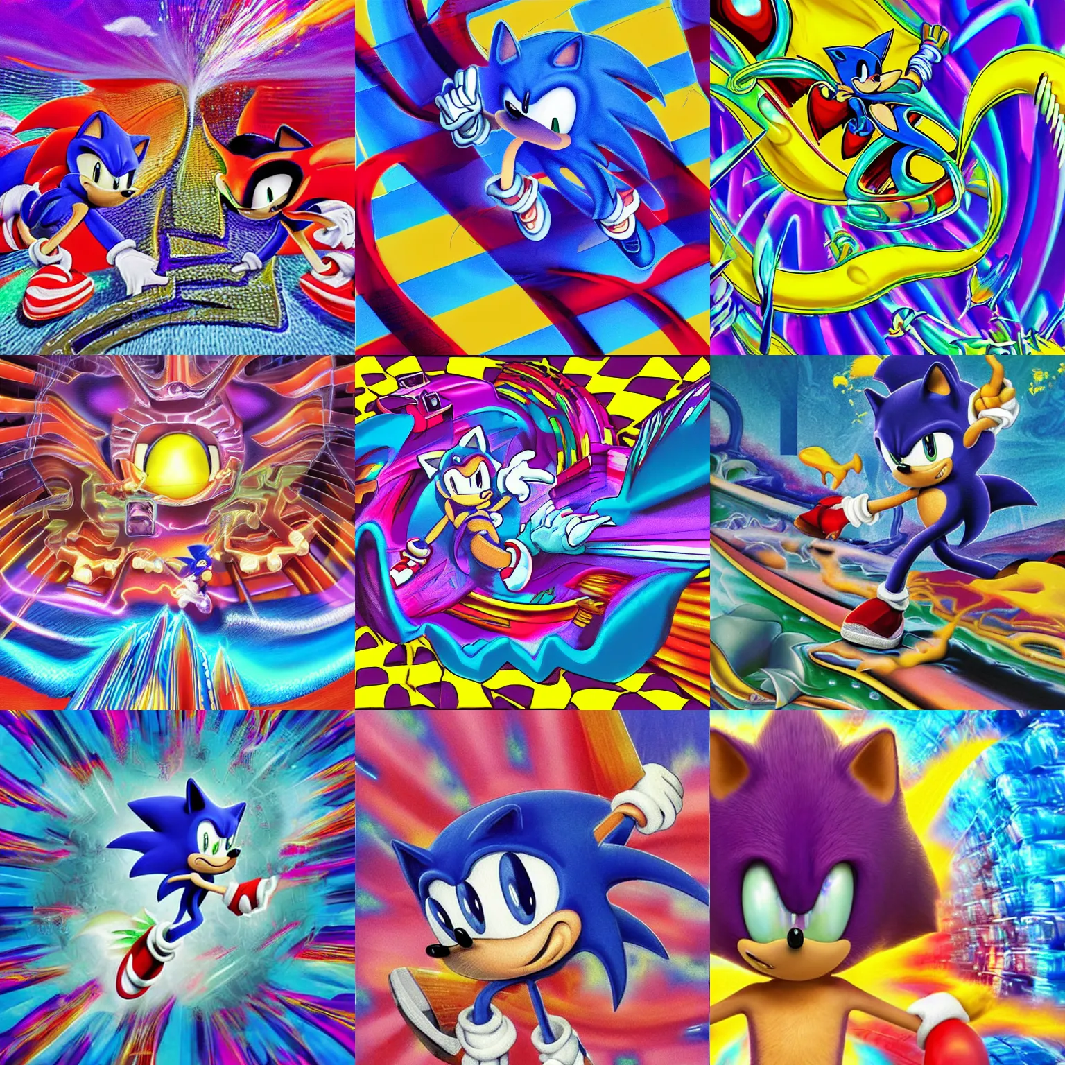 Image similar to sonic closeup of surreal, sharp, detailed professional, high quality airbrush art MGMT album cover of a liquid dissolving LSD DMT sonic the hedgehog surfing through cyberspace, purple checkerboard background, 1990s 1992 Sega Genesis video game album cover