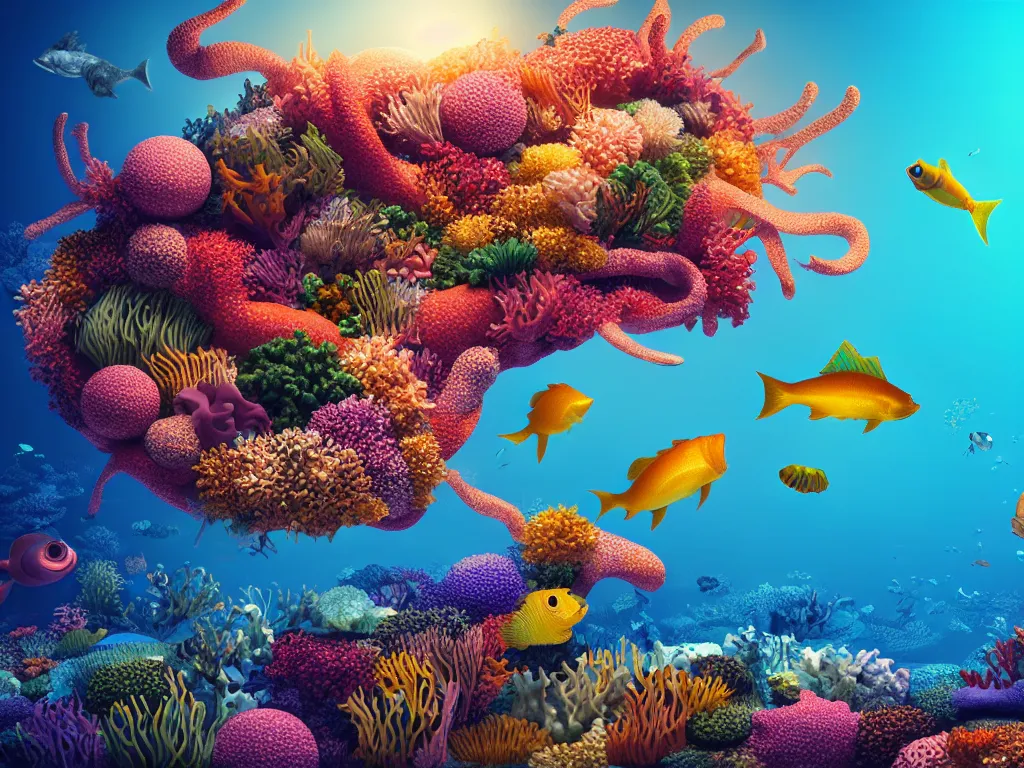 Prompt: a sculpture of fish ocean intertwined, diode lighting, a lovely cornucopia of flowers and human body parts, body parts, highly detailed, octane render, cinematic, sharp focus, clean, studio lighting, sunset, great barrier reef, up than sea level