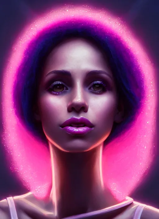 Image similar to portrait of vanessa morgan with bright pink hair, curly pixie cut hair, wearing a purple breton cap, breton cap, hoop earrings, intricate, elegant, glowing lights, highly detailed, digital painting, artstation, concept art, smooth, sharp focus, illustration, art by wlop, mars ravelo and greg rutkowski