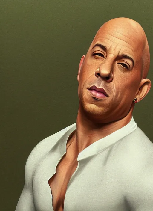 Prompt: vin diesel with ginger hair, wearing green shirt and white trousers, 4 k, hyper realistic, natural, highly detailed, digital illustration, trending in artstation, classical painting, smooth, sharp focus art by ilya repin