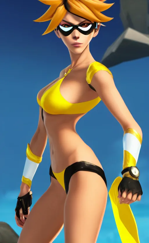Image similar to tracer game character, in yellow bikini, blonde hair, black eyes, full height