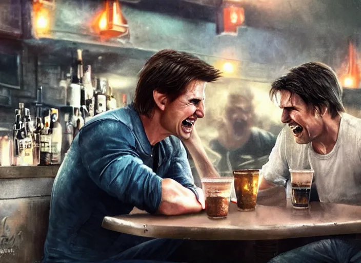 Image similar to hyper realistic tom cruise hanging out with tom cruise at a bar, all overly excited, jaw unhinged with laughter and smiling, all teeth, by greg rutkowski, 4 k, 8 k, masterpiece