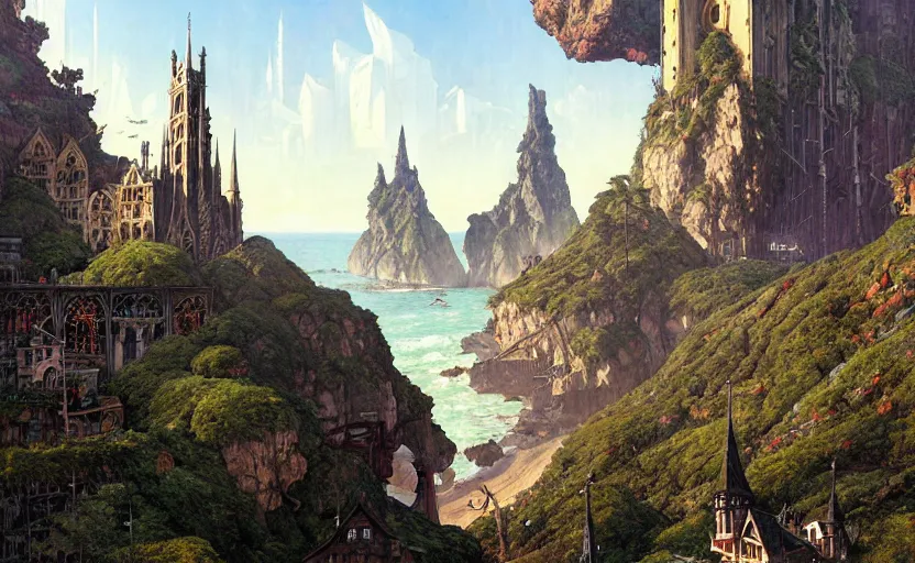 Prompt: gothic architecture busy city on a cliff by the sea side, nice view, airships, aperson watchees dense foliage poster art by kim jung giu and weta studio, and lucasfilm and jesper ejsing and norman rockwell greg rutkowski frank frazzeta