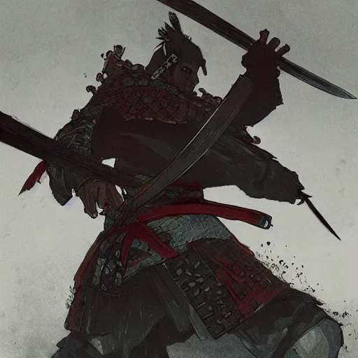 Prompt: A samurai with his sword in a defensive stance, D&D, fantasy, intricate, cinematic lighting, highly detailed, digital painting, artstation, concept art, smooth, sharp focus, illustration, art by Akihiko Yoshida, Greg Rutkowski and Alphonse Mucha
