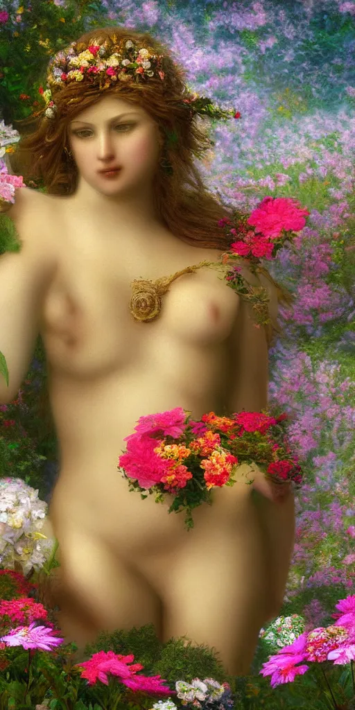 Prompt: high definition, digital, hyperreal, 2 k, tilt - shift, aphrodite, goddess of love, surrounded by flowers, in the style of a painting