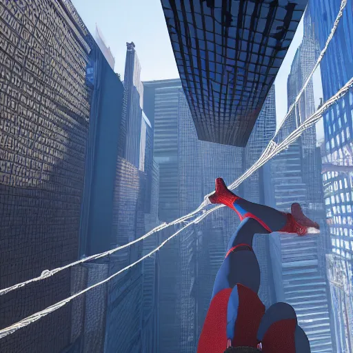 Prompt: Spiderman web swinging across skyscrapers, photorealistic, 8k, HD, dramatic, realistic,