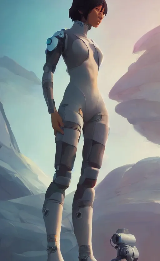 Image similar to sci fi female character, muted colored bodysuit, sci-fi large mechanical boots that go up to the thigh, soft lighting, wojtek fus, by Makoto Shinkai and Ilya Kuvshinov,