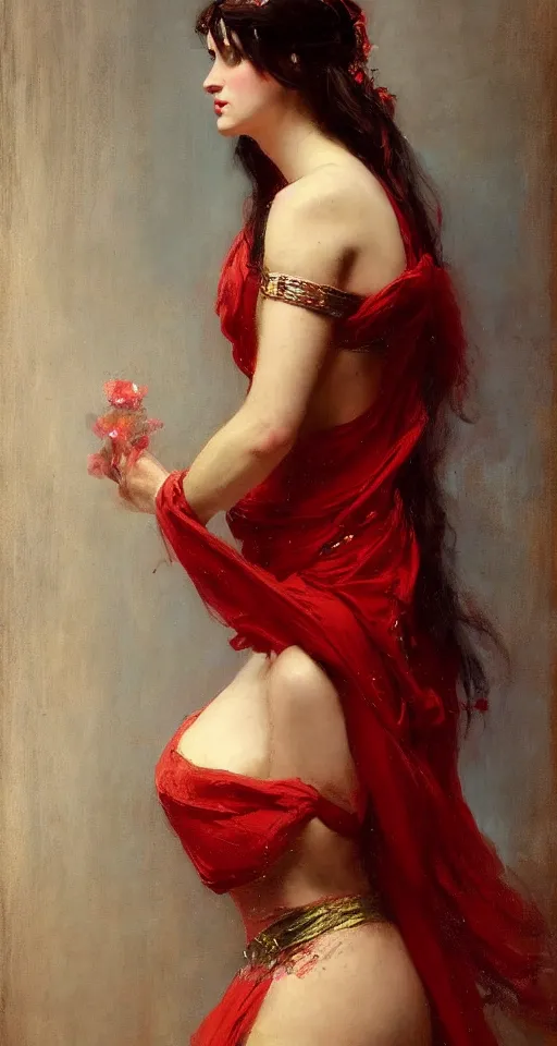 Image similar to solomon Joseph Solomon and Richard Schmid and Jeremy Lipking victorian genre painting portrait painting of a young beautiful woman greek Goddess in fantasy costume, red background