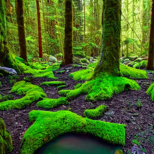 Image similar to A wide shot by a extremely high resolution digital camera of enchanted forest. Genetically modified magic moss, covering the ground, barely seen lake beneath it.