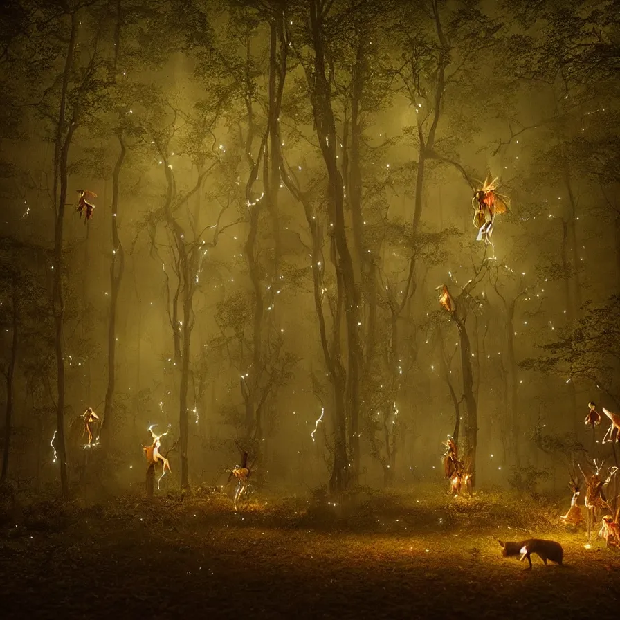 Prompt: photography award of a night carnival fairies, creatures and fantastic people disguised as fantastic creatures in the forest by summer night, masterpiece photography by gregory crewdson, volumetric lightning