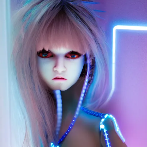Prompt: blue cyber porcelain doll with led eyes. standing in middle of dark hallway. volumetric light on back. broken neon lighting. cyberpunk. high details, photorealistic, artstation trending. dark mood. h r ginger.