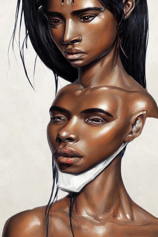 Image similar to A bust of a beautiful black skinned Australian indigenous girl with large lips and smooth eyebrows and straight hair, HD, illustration, epic, fantasy, intricate, elegant, amazing detail, digital painting, artstation, concept art, smooth, sharp focus, illustration, art by Turine Tran