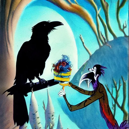 Prompt: fantasy painting of a raven by dr seuss | horror themed | creepy