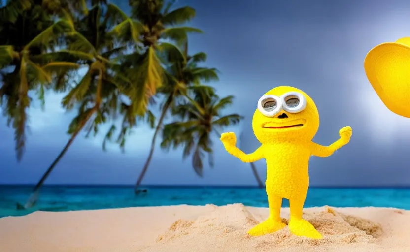 Image similar to 5 0 mm photograph, of a real anthropomorphic lemon character, fit body, with lemon skin texture, it is wearing a hat and scuba diving, building a sandcastle on the beach at sunset, beach, huge waves, sun, clouds, tropical trees, rim light, cinematic photography, professional, sand, sandcastle, volumetric lightening