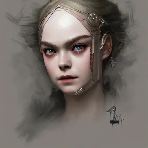 Prompt: head and shoulders portrait of modern darna, elle fanning in bloodborne, intricate, elegant, dark vibes, highly detailed, digital painting, artstation, glamor pose, concept art, smooth, sharp focus, illustration, art by wlop, mars ravelo and greg rutkowski