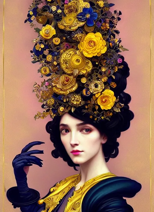 Prompt: beautiful black blue yellow, complicated gold and pink flowers in baroque style headwears, dark fantasy, intricate, elegant, highly detailed, digital painting, artstation, concept art, matte, 3 d 8 k octane rendered, sharp focus, illustration, octane rendered, art by artgerm and alphonse mucha, leesha hannigan