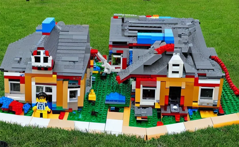 Image similar to a real house made out of lego razed by a 5 year old kid, pieces of lego laying on the lawn