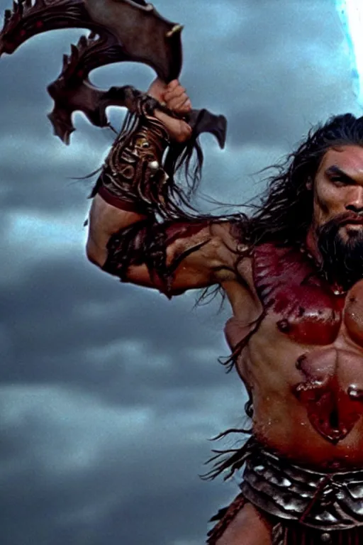 Image similar to film still from conan the barbarian, jason momoa as conan, wearing royal crimson fantasy ornate spartan dragon scale armor, volumetric lighting, wet skin and windblown hair, muscular!!!, battle action pose, frank frazetta, boris vallejo, greg rutkowski cinematic light, frank miller, ridley scott, high contrast