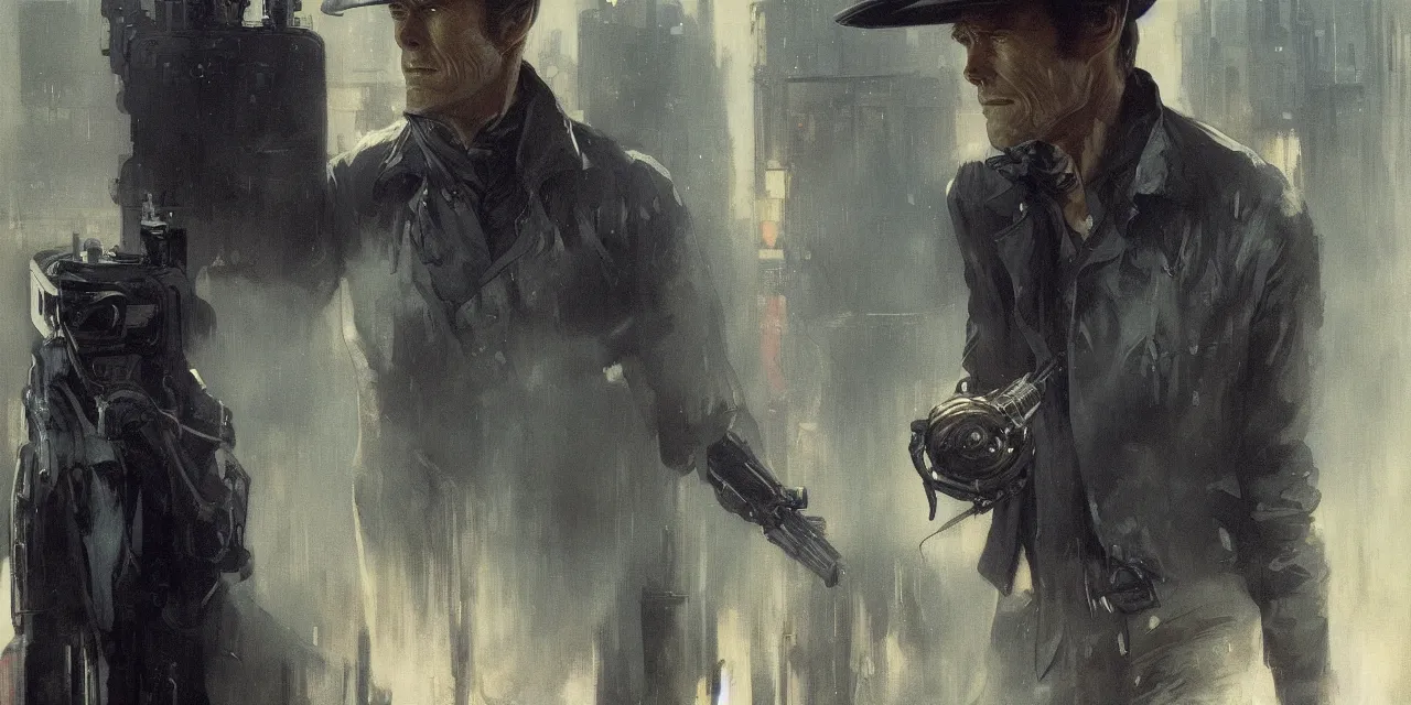 Image similar to 2 0 1 8 blade runner movie very very young clint eastwood in his youth western look at the cityscape from roof perfect face fine realistic face pretty face reflective polymer suit tight neon puffy jacket blue futuristic sci - fi elegant by denis villeneuve tom anders zorn hans dragan bibin thoma greg rutkowski ismail inceoglu illustrated sand storm alphonse mucha