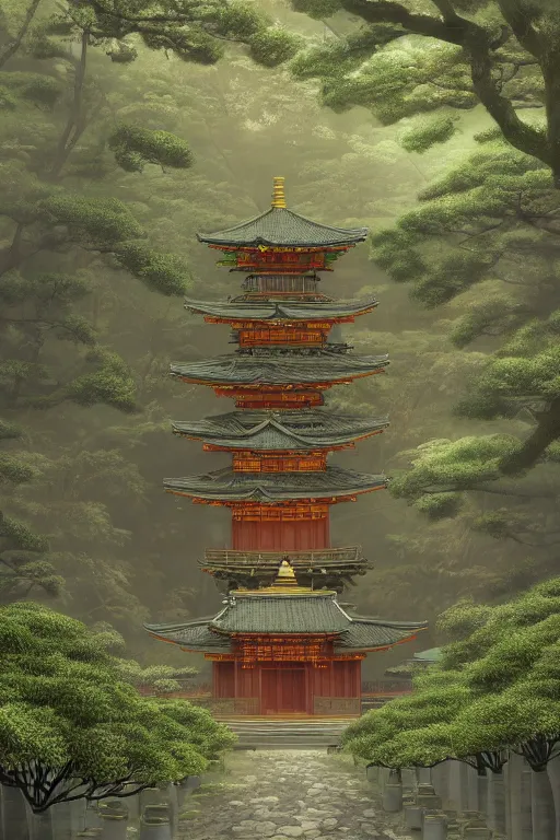 Image similar to Japanese Buddhist temple in the middle of a forest of bonsai and bamboo, powerfull, intricate, elegant, volumetric lighting, digital painting, highly detailed, artstation, sharp focus, illustration, concept art, ruan jia, steve mccurry