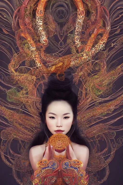 Prompt: an immaculate render of a dancing chinese goddess adorned with leaves and cables and bird wings, dancing in a temple surrounded by wild tentacles made from mandalas and incense smoke, full body, perfect face, powerful, cinematic, beautifully lit, by artgerm, by karol bak, by android jones, 3 d, trending on artstation, octane render, 8 k