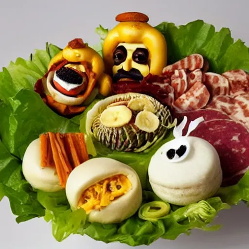 Image similar to a amazing new surrealist hybrid of a pope salad by giuseppe arcimboldo and kandinskali, melting cheese, steamed buns, grilled artichoke, sliced banana, the pope, salami, milk duds, licorice allsort filling