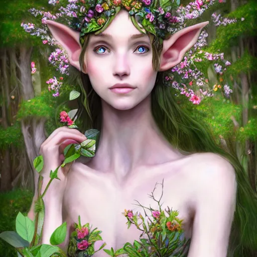 Image similar to a picture of a forest elf clothed in flowers and leaves standing on a stone in an enchanted forest, high fantasy, elegant, epic, detailed, intricate, digital painting, concept art, realistic detailed face, smooth, focus, rim light, detailed 8 5 mm f / 1. 4