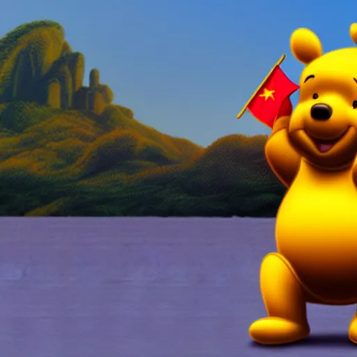 Image similar to photorealistic 3 d render of winnie the pooh saluting the chinese flag