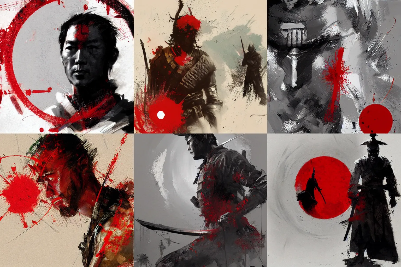 Prompt: artwork by Craig Mullins and Russ Mills showing a samurai in front of a red circle