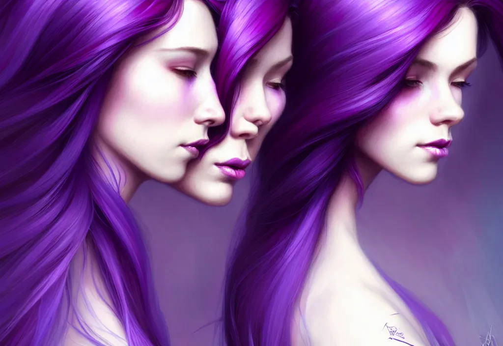 Image similar to Purple hair relistic Portrait of a two woman with bright colored flying hair, all shades of purple. Beauty face, Hair coloring, fantasy, intricate, elegant, highly detailed, digital painting, artstation, concept art, smooth, sharp focus, illustration, art by artgerm and greg rutkowski and alphonse mucha