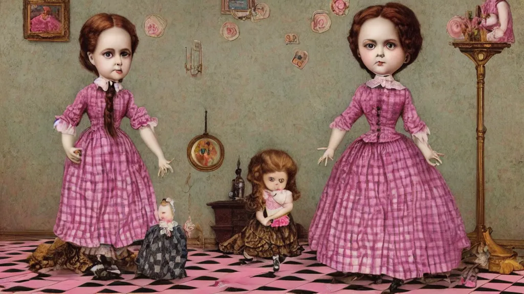 Prompt: victorian doll standing on a checkerboard floor, pink fluffy clouds, lowbrow art, pop surrealism in the style of Mark Ryden and Nataly Kukula Abramovich